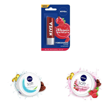 NIVEA Lip Balm, Pomegranate Shine, 4.8 g & NIVEA Soft Light Moisturizer Cream, 200 ml & NIVEA Soft Berry Blossom, Light Moisturizer for Face, 200 ml